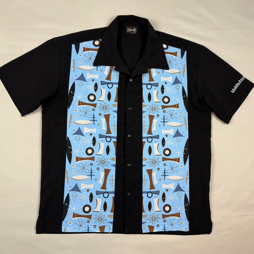 Steady Mens Atomic Dream Bowling Shirt Sz Small Made in USA Black/Blue A4